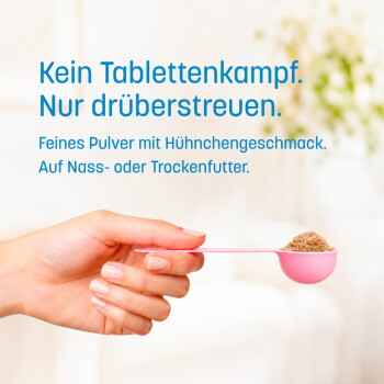 Rosa Messlöffel mit hühneraromatischem Pulver, von Hand gehalten; deutscher Text 'Kein Tablettenkampf. Nur drüberstreuen.'