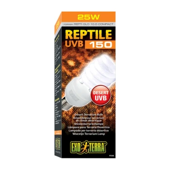 Reptile 10.0 woestijnlamp E27 25 W Compacte 25W UVB-lamp voor reptielen, gelabeld 'REPTILE UVB 150', met tekst die aangeeft dat het een woestijnterrariumlamp is van Exo Terra.