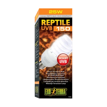 Kompakte 25W UVB-Lampe für Reptilien, beschriftet mit "REPTILE UVB 150," mit Text, der angibt, dass es sich um eine Wüstenterrariumlampe von Exo Terra handelt.
