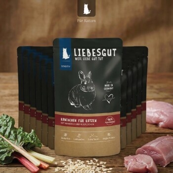 LIEBESGUT Sensitiv Katzenfutterbeutel (Kaninchen für Katzen) mit Hasenillustration, „Made in Germany“-Siegel, rohem Fleisch, Mangold und Reisflocken.