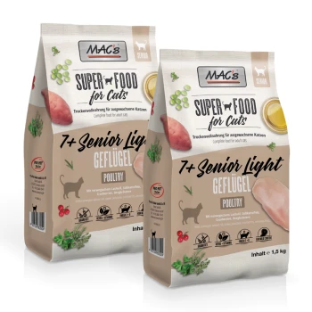 Cat +7 Senior Trockenfutter Light Geflügel 2x1,5 kg Zwei 1,5 kg Beutel MAC's Super Food für Katzen, "7+ Senior Light Geflügel", mit Lachs, Süßkartoffeln und Cranberries.