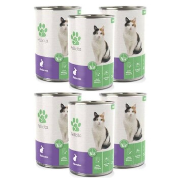Sechs Dosen Fellicita Katzenfutter, beschriftet mit "Kaninchen", mit einer schildpattfarbenen Katze auf der Vorderseite, in grüner und lila Verpackung.
