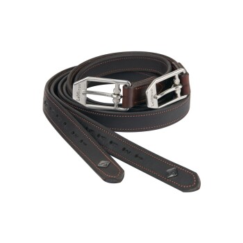 Eine gerollte Lederleine für Hunde in Dunkelbraun mit kontrastierenden orangen Nähten und einer silbernen Schnalle, die den Markennamen "LeMieux" trägt.