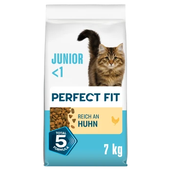 Perfect Fit Junior-Katzenfutterbeutel (<1) mit Foto eines Kätzchens, Trockenfutter, Reich an Huhn, Total 5 Formula, 7 kg.