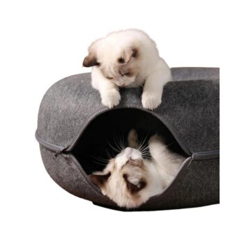 Zwei flauschige Katzen, eine sitzt auf einem gemütlichen grauen Haustierbett und die andere schaut spielerisch von innen heraus.