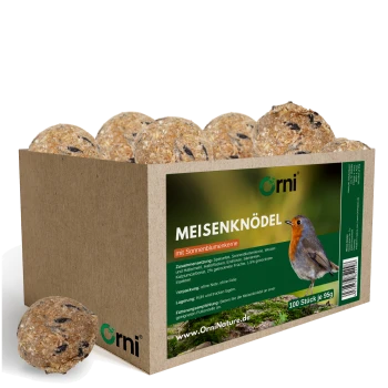 Schachtel Orni Meisenknödel Vogelfutterbälle mit Sonnenblumenkernen, mit Rotkehlchen-Bild und Produktdetails auf Deutsch.