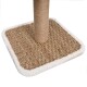 Kratzbaum für Katzen mit einem natürlichen geflochtenen Sockel und einem mit Sisal umwickelten Pfosten, mit einem weichen weißen Rand.