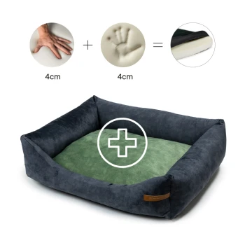 Orthopädisches Haustierbett mit einem dunkelgrauen Äußeren und einem grünen Kissen, mit einem Pluszeichen-Symbol und Maßen, die eine Dicke von 4 cm anzeigen.