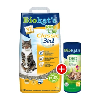 Probierpaket Streu und Deo Biokat's Classic 3in1 Katzenstreu-Tüte mit einer getigerten Katze, die CO2-freundlich, schnelle Geruchsbindung, Klumpenbildung und Deo-Perlen hervorhebt.