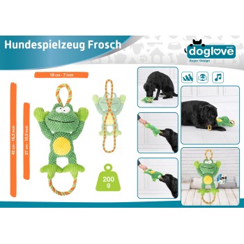 Grünes, froschförmiges Hundespielzeug mit einem Seilgriff, 18 cm groß, 200 g, präsentiert mit einem schwarzen Hund, der damit spielt.