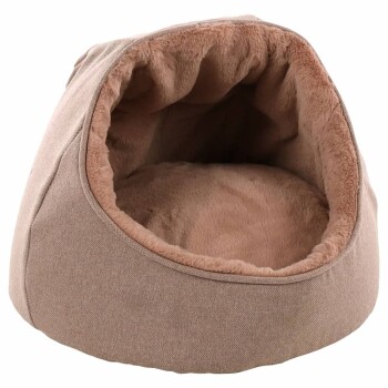 Gemütliches beiges Haustierbett mit einem weichen, plüschigen Innenraum, entworfen für kleine Tiere, um sich bequem zusammenzurollen.