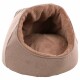 Gemütliches beiges Haustierbett mit einem weichen, plüschigen Innenraum, entworfen für kleine Tiere, um sich bequem zusammenzurollen.
