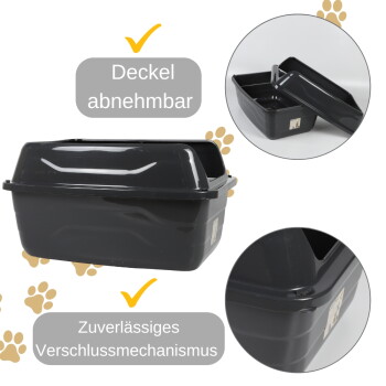 Schwarze Katzenstreu-Toilette mit Deckel; deutsche Beschriftungen: 'Deckel abnehmbar' und 'Zuverlässiger Verschlussmechanismus'.