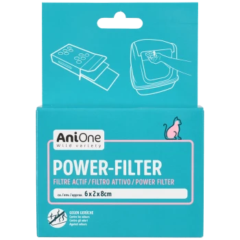 Turkusowe pudełko oznaczone 'AniOne Power-Filter' z ilustracjami filtrów, instrukcjami instalacji i wielojęzycznym tekstem o kontroli zapachów (6 x 2 x 8 cm).