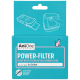 Teal-Box mit der Aufschrift 'AniOne Power-Filter' mit Filterillustrationen, Installationsanweisungen und mehrsprachigem Geruchskontrolltext (6 x 2 x 8 cm).