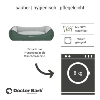 Hundebett von Doctor Bark, waschbar bis 60°C, trocknergeeignet, mit einer Textanweisung für einfache Reinigung. Hergestellt in Deutschland.