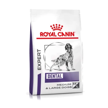 Royal Canin Expert Dental Hundefutterbeutel für mittelgroße und große Hunde, mit einer schwarz-weißen Hundillustration und fettem Text.