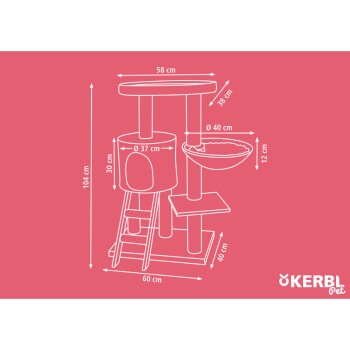 Diagram van een kattenboom met afmetingen: hoogte 104 cm, basis 60 cm, bovenplatform 58 cm, met een schuilplaats, krabpaal en kom.