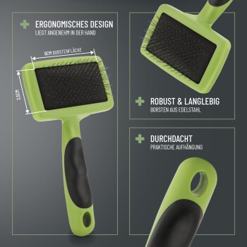 Bild einer grünen ergonomischen Haustierbürste mit einem schwarzen Borstenbereich, mit einem Text, der ihr Design, ihre Haltbarkeit und die praktische Aufhängemöglichkeit hervorhebt.