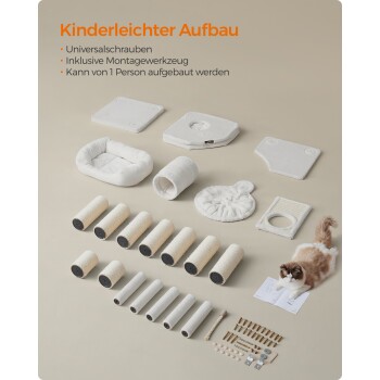 Flachansicht von Haustiermöbelteilen: Kissen, Rohre, Schrauben und eine Katze neben einem Handbuch. Text: "Kinderleichter Aufbau."