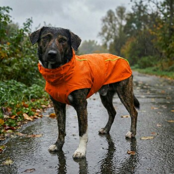 Ein mittelgroßer Hund mit gestromtem Fell trägt einen leuchtend orangefarbenen Regenmantel mit Kapuze und gelben Akzenten, vor einem weißen Hintergrund stehend.