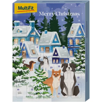 Ein festlicher Adventskalender für Haustiere mit schneebedeckten Häusern und vier Cartoon-Hunden, mit dem Text "Frohe Weihnachten" oben.