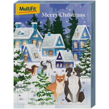 Ein festlicher Adventskalender für Haustiere mit schneebedeckten Häusern und vier Cartoon-Hunden, mit dem Text "Frohe Weihnachten" oben.