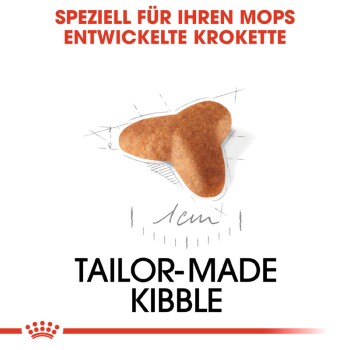 Futterkibble in Form eines Knochens, beschriftet mit 'Tailor-Made Kibble' und deutschem Text, der sagt: 'Spezial für Ihren Mops entwickelte Kroketten.'