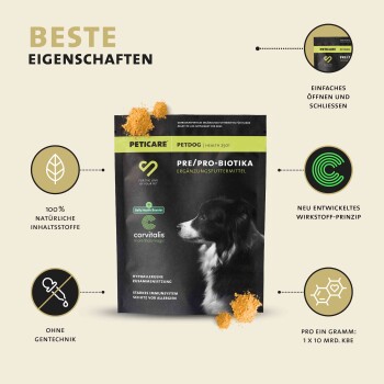 Petcare Pre/Pro-Biotics Ergänzung für Hunde, mit einem Bild eines schwarz-weißen Hundes, hebt 100% natürliche Zutaten und hypoallergene Eigenschaften hervor.