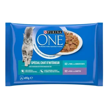 Emballage de nourriture pour chats Purina ONE mettant en vedette un chat gris, avec un texte soulignant 'Spécial Chat d'Intérieur' et les bienfaits nutritionnels.