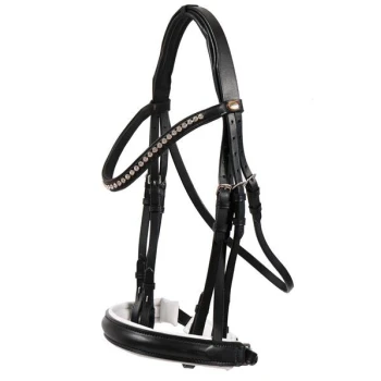 Schwarzes Lederpferdegeschirr mit dekorativen Strasssteinen, mit verstellbaren Riemen und einem gepolsterten Nasenband.