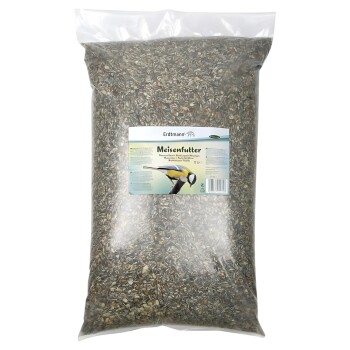 Große durchsichtige Plastiktüte mit Erdtmann Vogelfutter-Mischung, beschriftet mit "Meisenfutter" und einem Bild eines kleinen Vogels auf einem Ast.