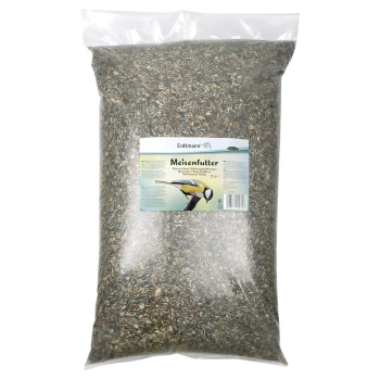 Große durchsichtige Plastiktüte mit Erdtmann Vogelfutter-Mischung, beschriftet mit "Meisenfutter" und einem Bild eines kleinen Vogels auf einem Ast.