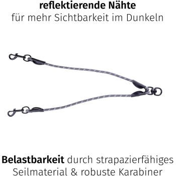 Reflektierende Haustierleine mit strapazierfähigen Clips, mit Text über Sichtbarkeit in der Dunkelheit und Stärke aus robusten Materialien.