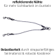 Reflektierende Haustierleine mit strapazierfähigen Clips, mit Text über Sichtbarkeit in der Dunkelheit und Stärke aus robusten Materialien.