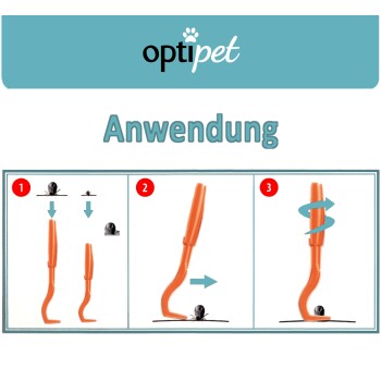 Illustration, die die Anwendung eines orangefarbenen Zeckenentferners mit drei Schritten zeigt: Positionieren, Anheben und Drehen, um eine Zecke zu entfernen.