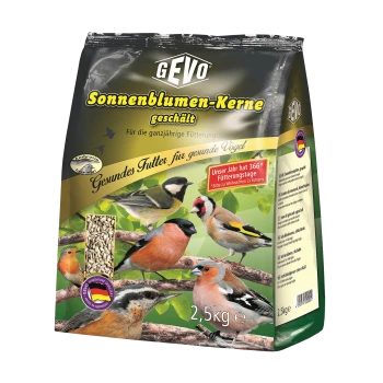 Beutel GEVO geschälte Sonnenblumenkerne Vogelfutter, 2,5 kg, mit Bildern verschiedener Vögel und deutschem Text.