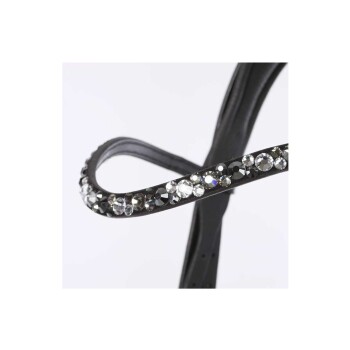 Nahaufnahme eines stilvollen schwarzen Haustierhalsbands, das mit funkelnden Strasssteinen verziert ist und ein schickes Design für modische Haustiere zeigt.