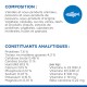 Emballage de nourriture pour animaux avec des détails sur la composition et les constituants analytiques, y compris la teneur en protéines, en graisses et en vitamines en français.