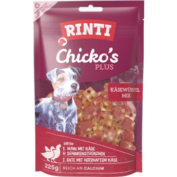 RINTI Chicko's Plus Hundesnack-Beutel mit Hundeillustration, Käsewürfel-Leckerlis und dem Aufdruck 'KÄSEWÜRFEL MIX, 225 g'.