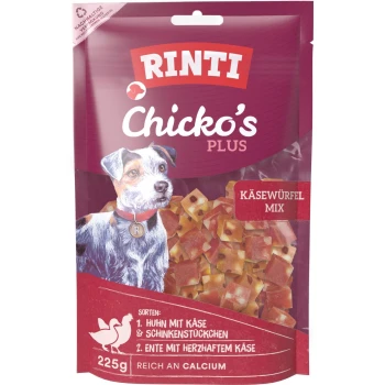 Chicko´s Plus Käsewürfelmix 225g RINTI Chicko's Plus Hundesnack-Beutel mit Hundeillustration, Käsewürfel-Leckerlis und dem Aufdruck 'KÄSEWÜRFEL MIX, 225 g'.
