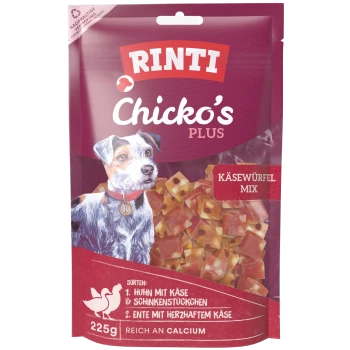 RINTI Chicko's Plus Hundesnack-Beutel mit Hundeillustration, Käsewürfel-Leckerlis und dem Aufdruck 'KÄSEWÜRFEL MIX, 225 g'.