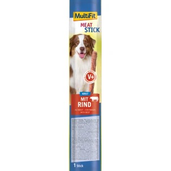 MultiFit Fleischstick für Hunde, mit einem glücklichen Hund auf der Verpackung 'Adult mit Rind' und dem Etikett 'Vitamins V+'.
