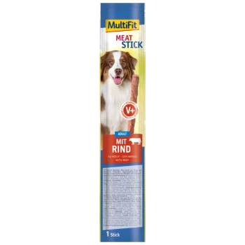 MultiFit Meat Stick dla psów, z wesołym psem na opakowaniu "Adult mit Rind" (wołowina) i etykietą "Witaminy V+".