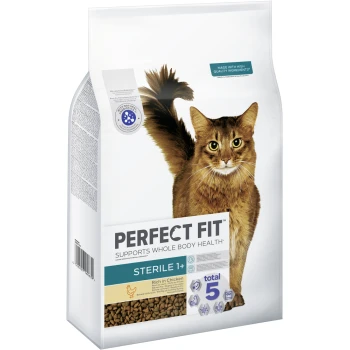 Hundefutterbeutel mit einer braunen getigerten Katze, beschriftet mit "Perfect Fit," fördert die Gesundheit des gesamten Körpers für sterilisierten Katzen, reich an Huhn mit 5 Vorteilen.
