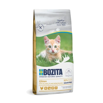 Bozita Kitten Futterbeutel, 2 kg, mit einer getreidefreien Formel mit 90 % Huhn und einem Hintergrundbild einer Katze im Freien.