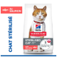 Croquettes Hill's Science Plan Sterilisé pour chats adultes (1–6) au saumon ; chat orange et blanc sur le paquet ; mention « 3 avantages essentiels » visible.