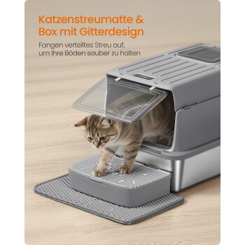 Graue Katze verlässt eine graue Katzentoilette mit Gitterdesign auf passender grauer Matte; deutscher Text über das Auffangen von verstreutem Streu.