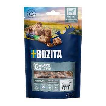BOZITA Hundesnack-Tasche, 92% Lamm Meaty Bites, Bild mit Heidelbeeren, Schafsymbol, 70 g.