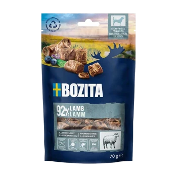 BOZITA Hundesnack-Tasche, 92% Lamm Meaty Bites, Bild mit Heidelbeeren, Schafsymbol, 70 g.
